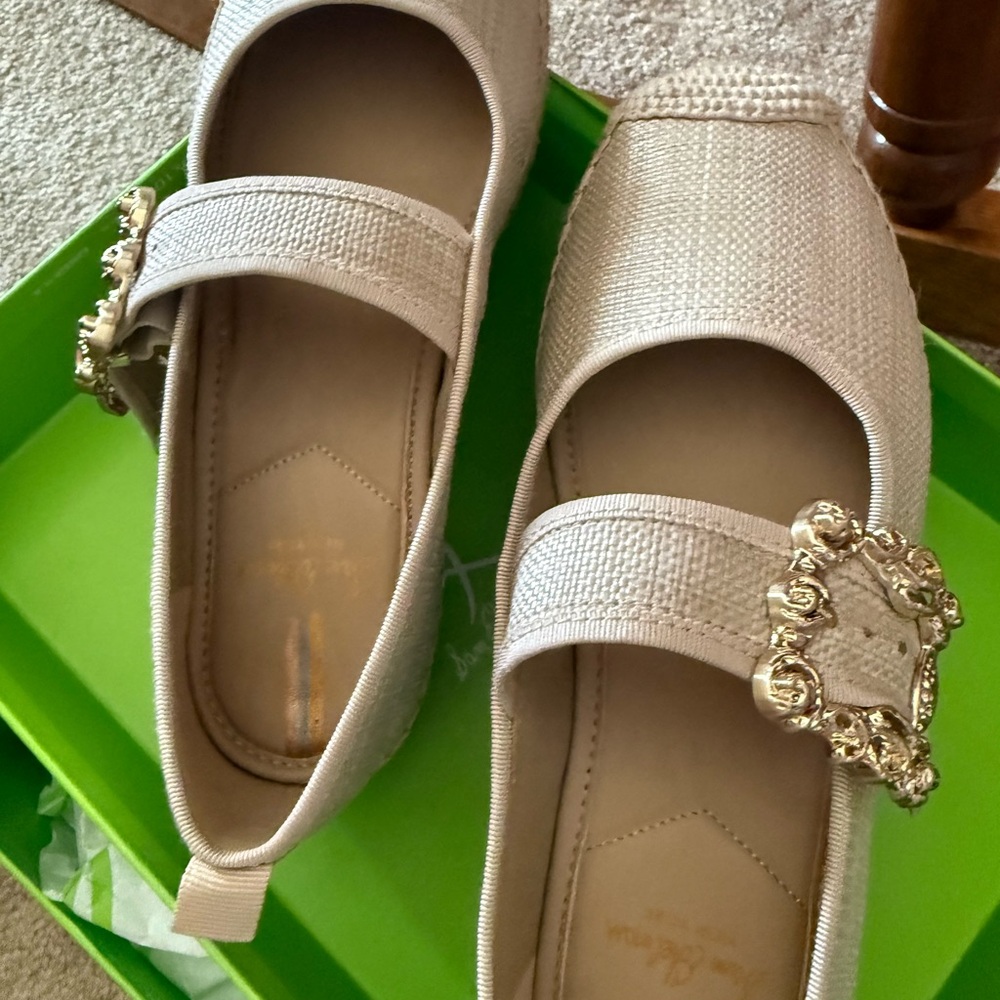 Sam Edelman Cream Mary Jane Flats with Gold Buckle